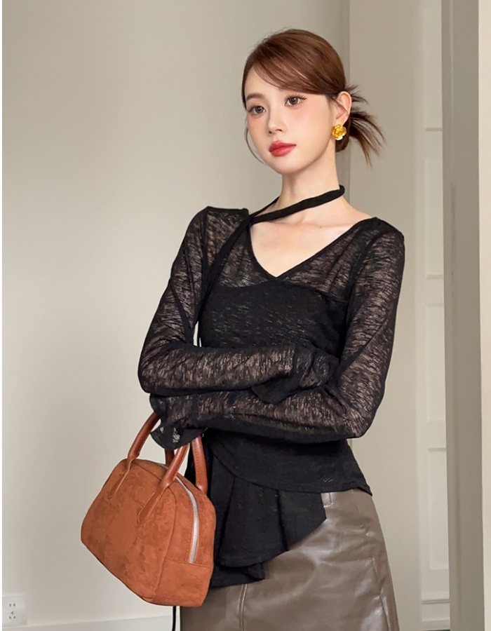 France style irregular T-shirt long sleeve pure small shirt