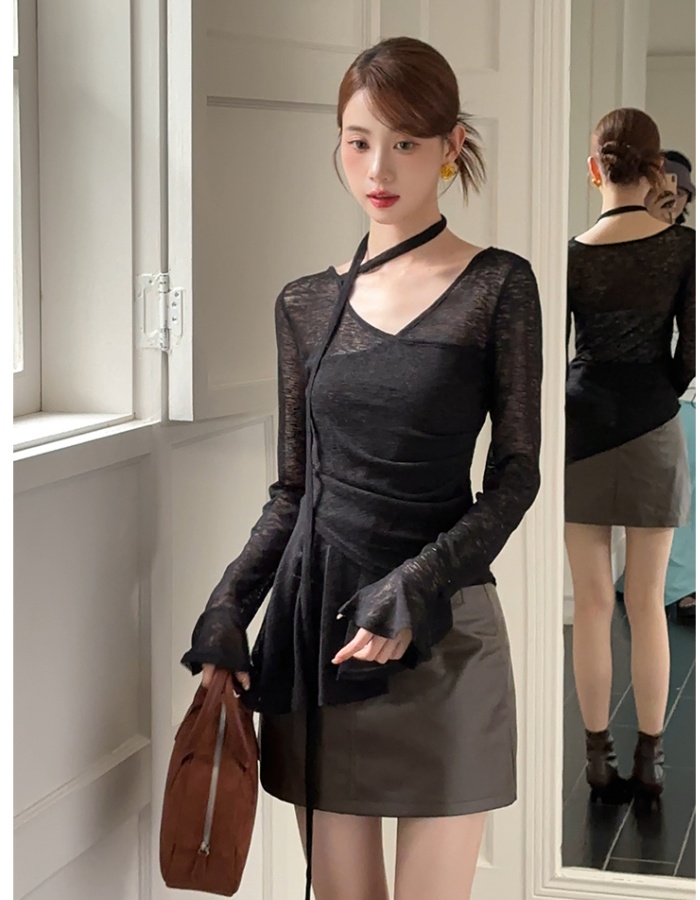 France style irregular T-shirt long sleeve pure small shirt