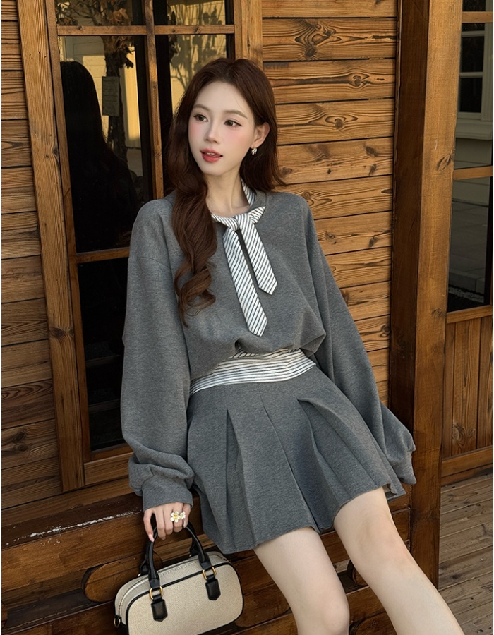 Stripe spring hoodie splice skirt 2pcs set for women