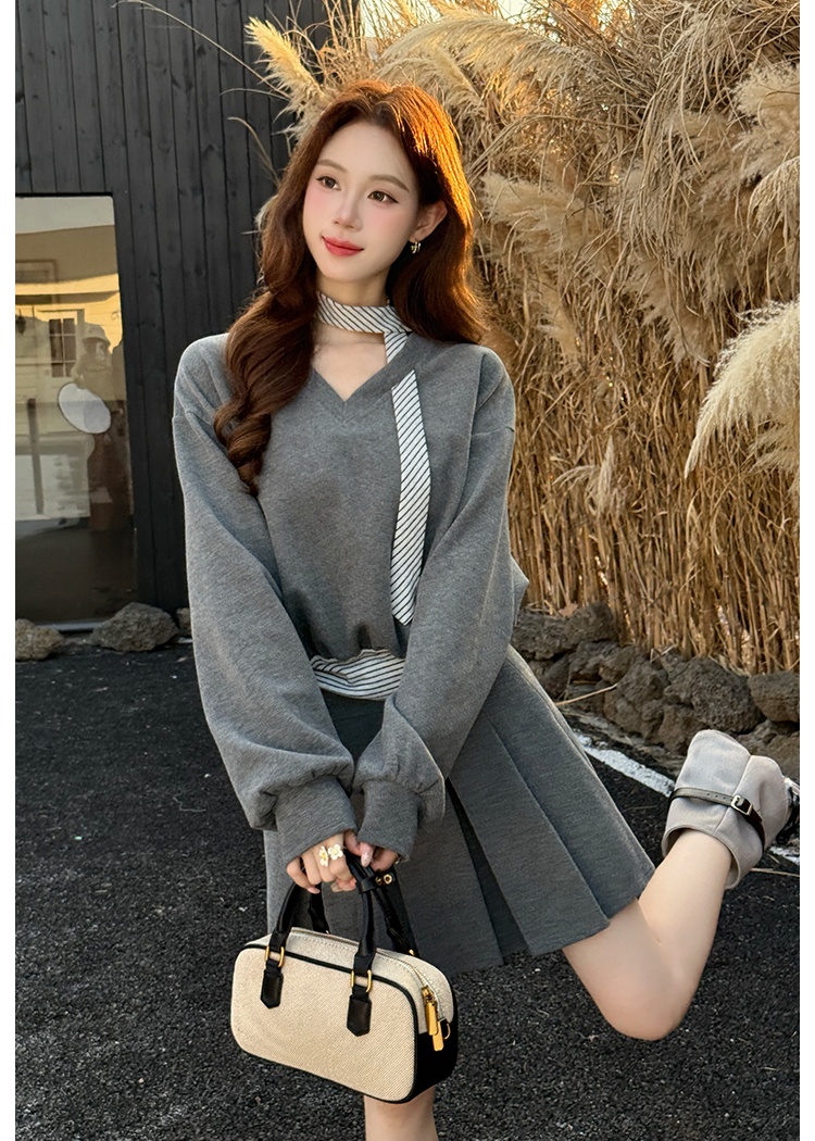 Stripe spring hoodie splice skirt 2pcs set for women