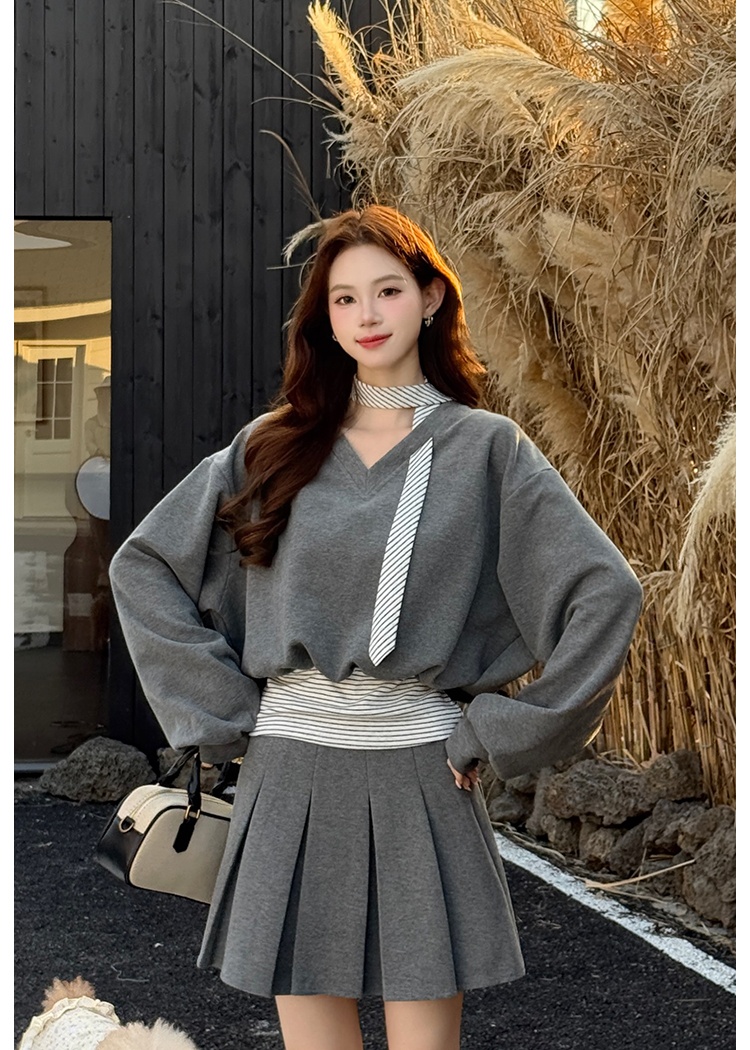 Stripe spring hoodie splice skirt 2pcs set for women
