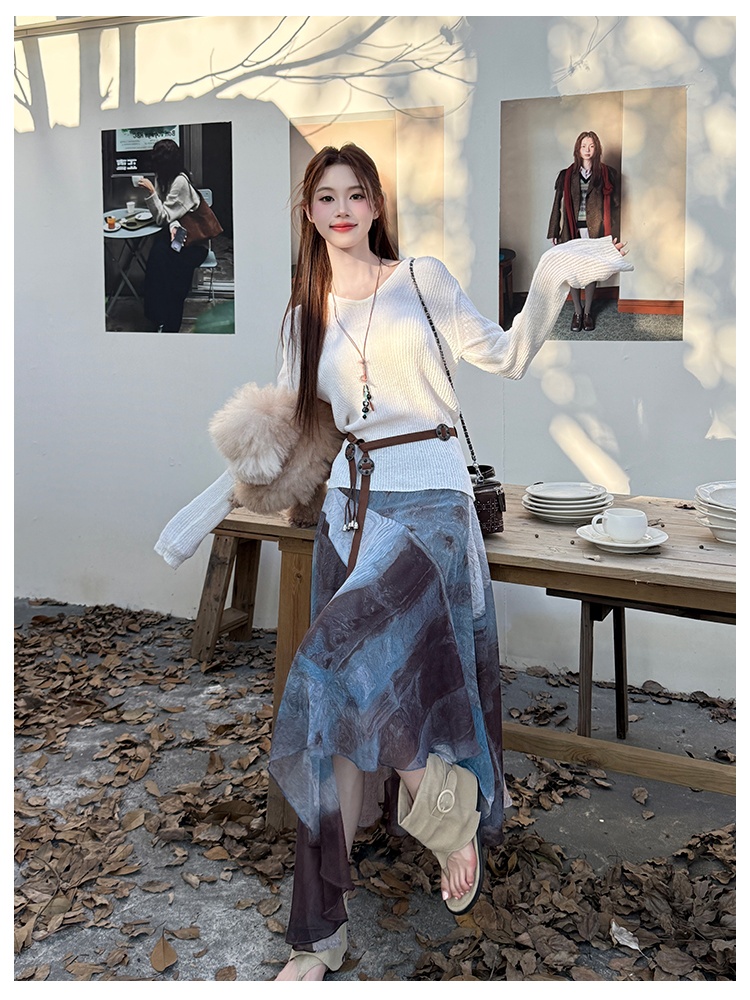 Chiffon hooded sweater tie dye skirt 2pcs set for women