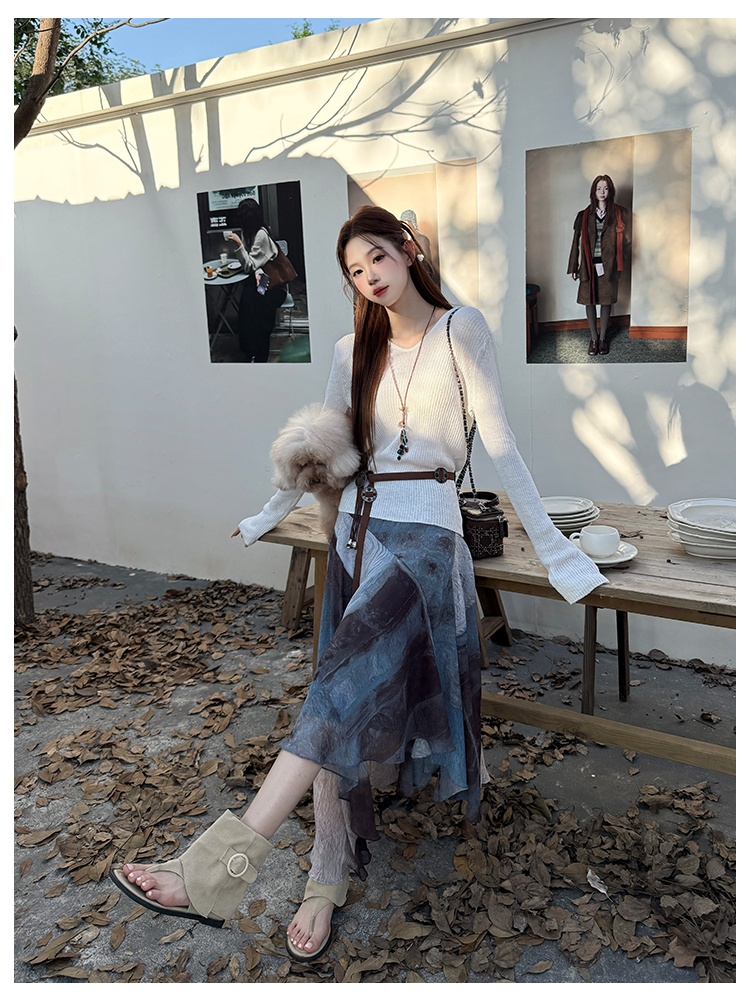 Chiffon hooded sweater tie dye skirt 2pcs set for women