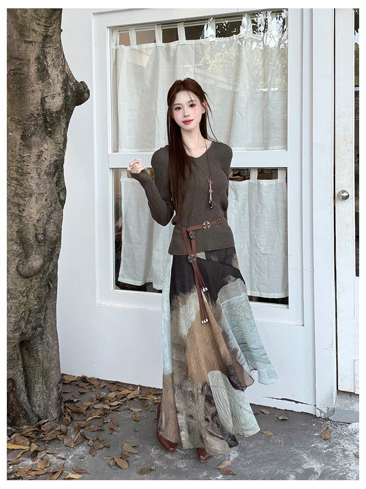 Chiffon hooded sweater tie dye skirt 2pcs set for women