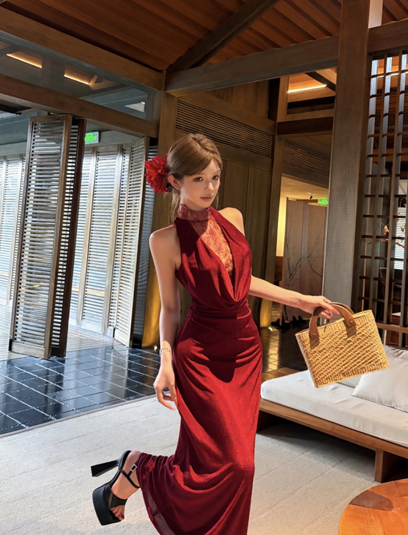 Temperament gauze dress slim retro long dress for women