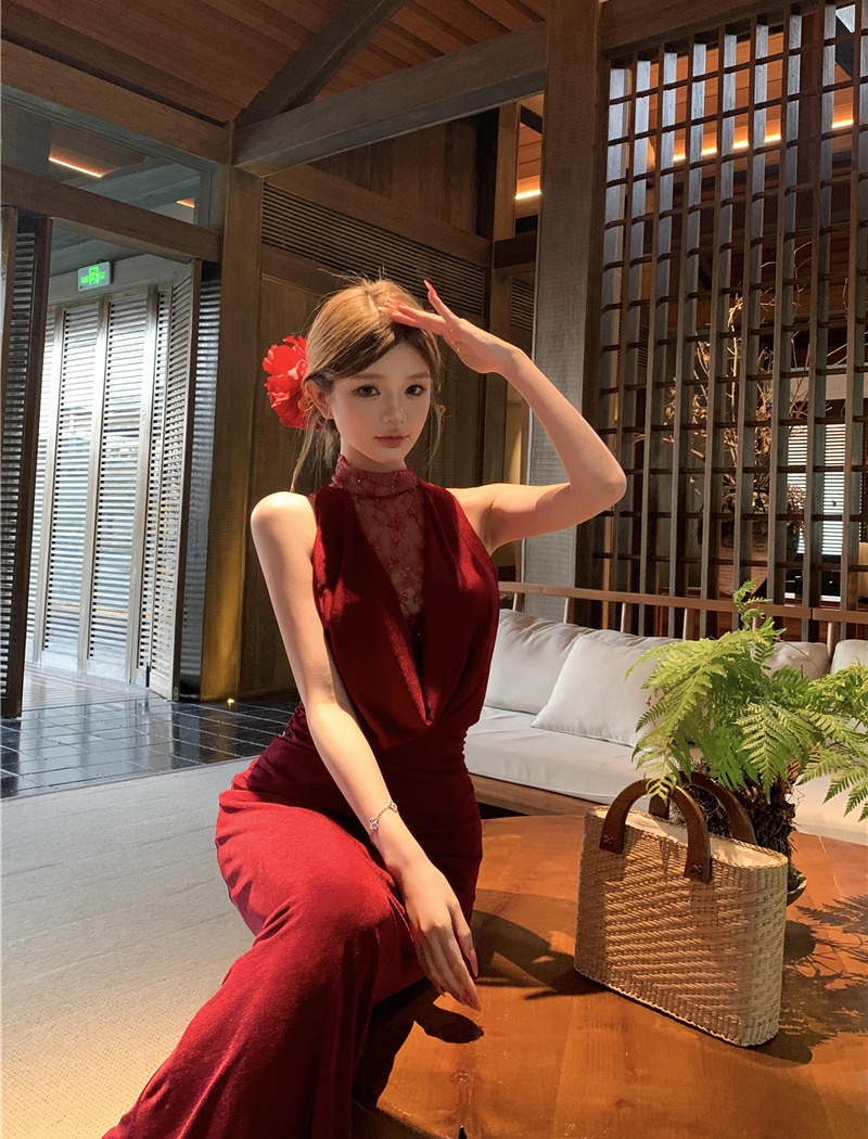 Temperament gauze dress slim retro long dress for women