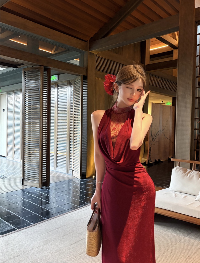 Temperament gauze dress slim retro long dress for women