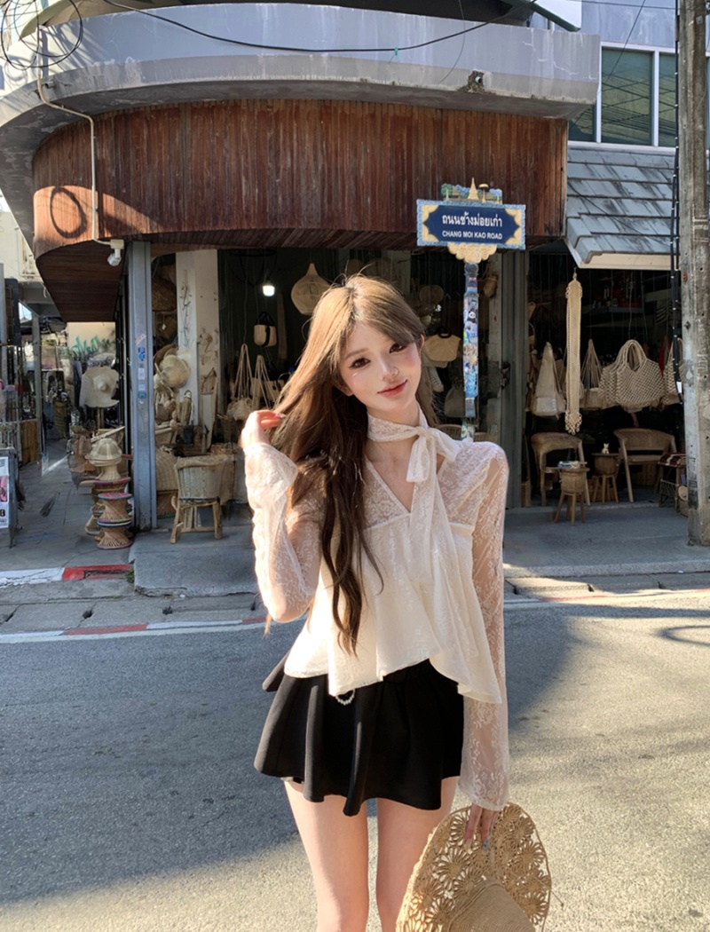 V-neck sexy tops lace skirt a set for women