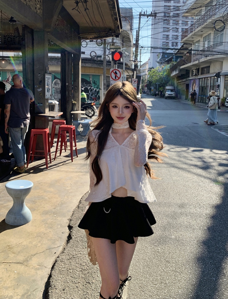 V-neck sexy tops lace skirt a set for women