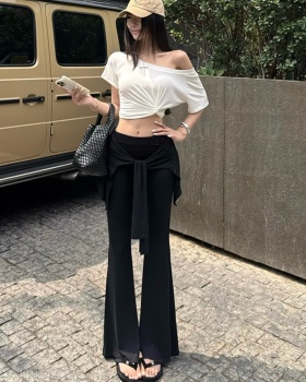 Sloping shoulder slim tops bandage long pants a set for women
