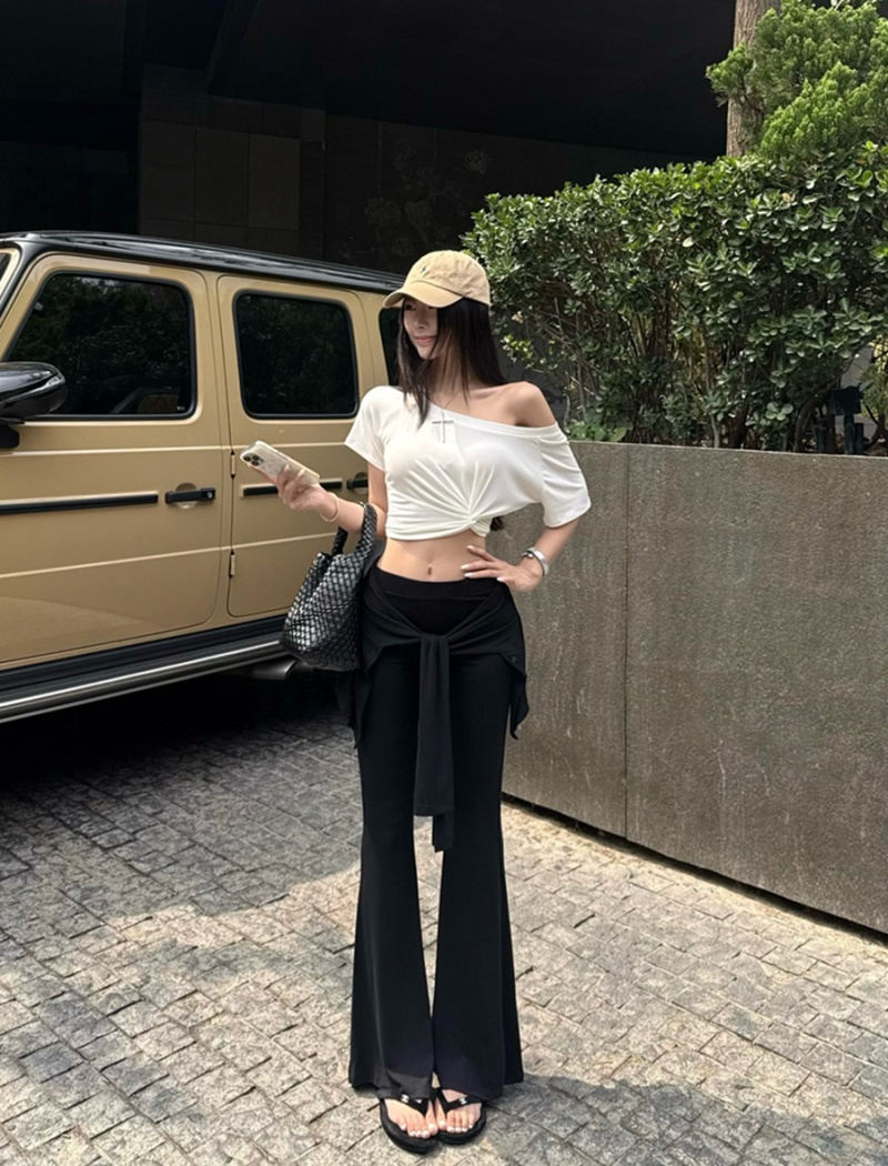 Sloping shoulder slim tops bandage long pants a set for women