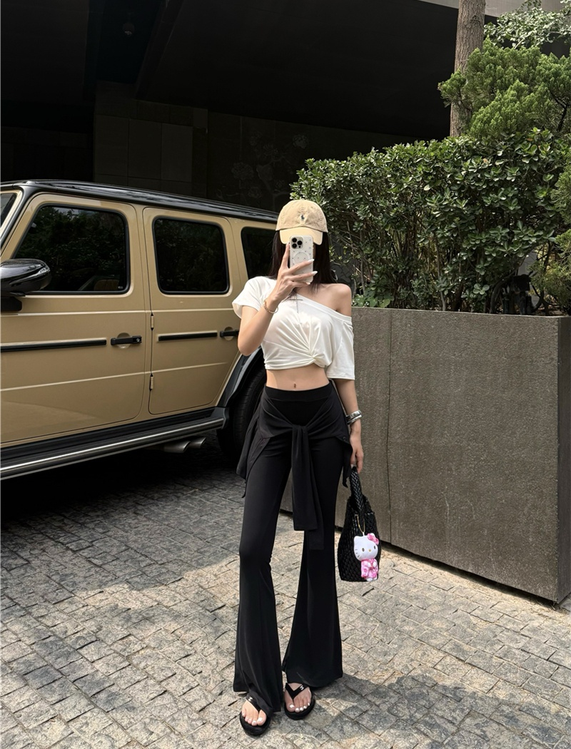 Sloping shoulder slim tops bandage long pants a set for women