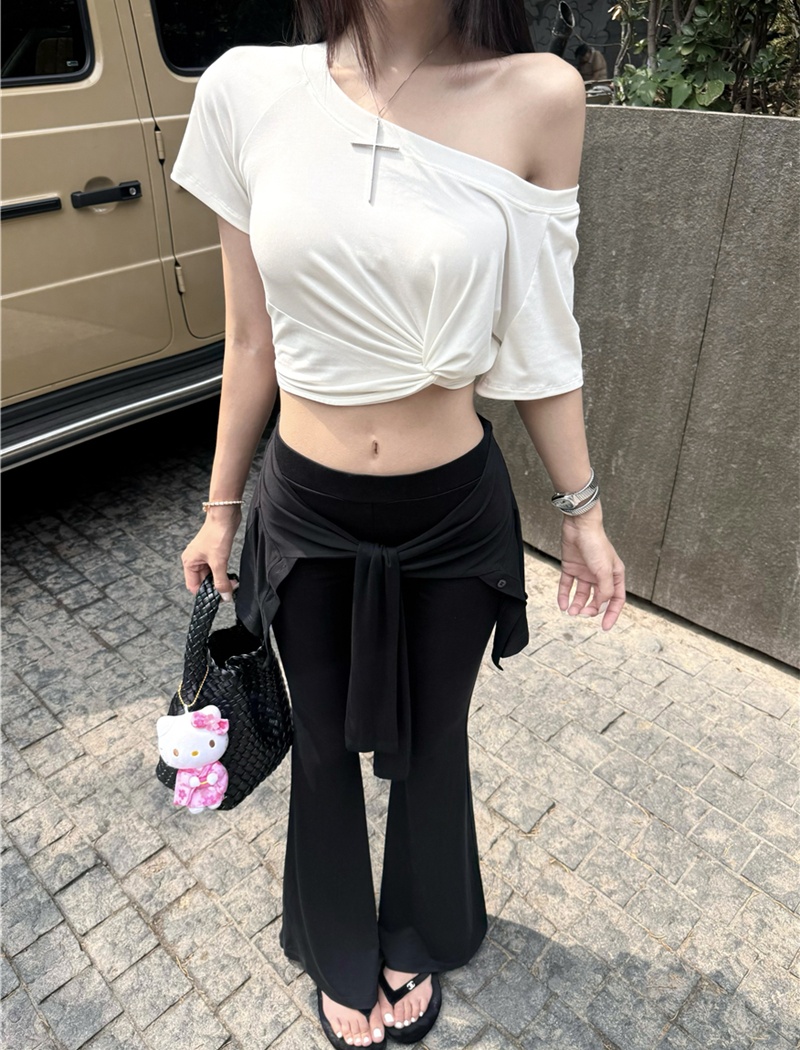 Sloping shoulder slim tops bandage long pants a set for women