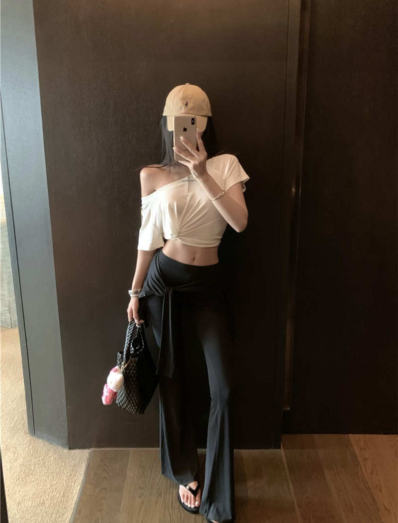 Sloping shoulder slim tops bandage long pants a set for women