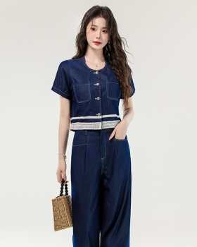 Fashion denim small fellow lace Western style splice tops 2pcs set