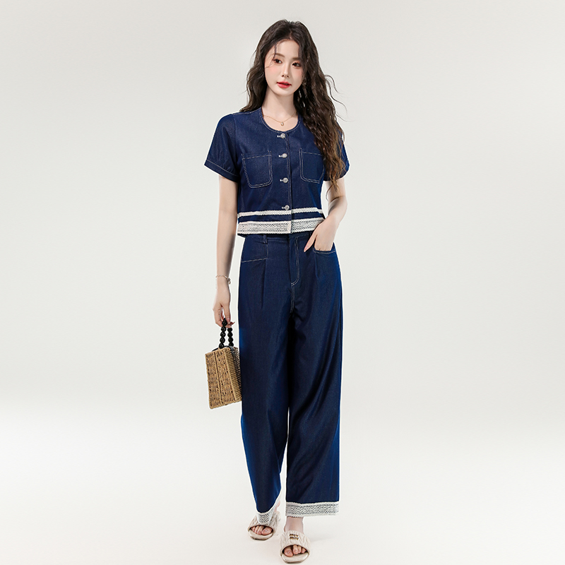 Fashion denim small fellow lace Western style splice tops 2pcs set