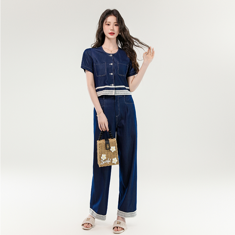 Fashion denim small fellow lace Western style splice tops 2pcs set