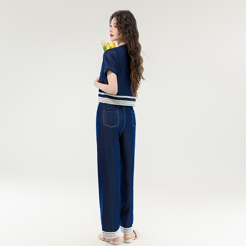 Fashion denim small fellow lace Western style splice tops 2pcs set