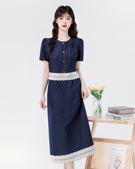 Summer denim jacket chanelstyle thin skirt 2pcs set