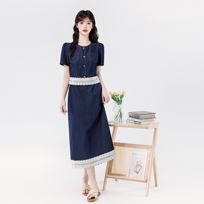 Summer denim jacket chanelstyle thin skirt 2pcs set