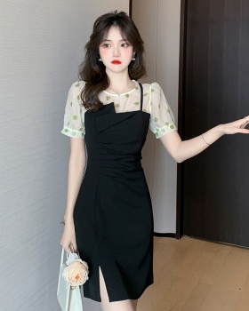 Temperament Pseudo-two polka dot slim irregular dress