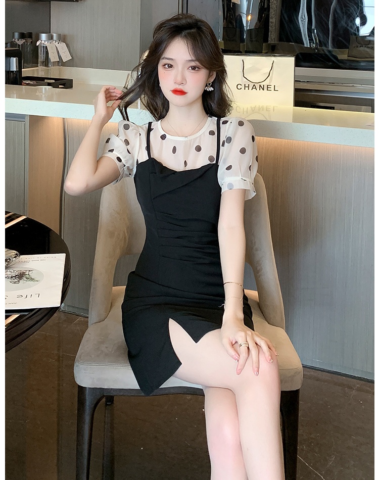 Temperament Pseudo-two polka dot slim irregular dress