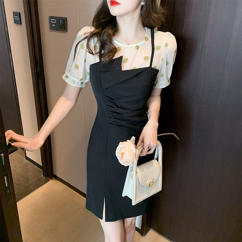 Temperament Pseudo-two polka dot slim irregular dress