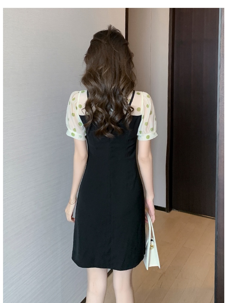 Temperament Pseudo-two polka dot slim irregular dress