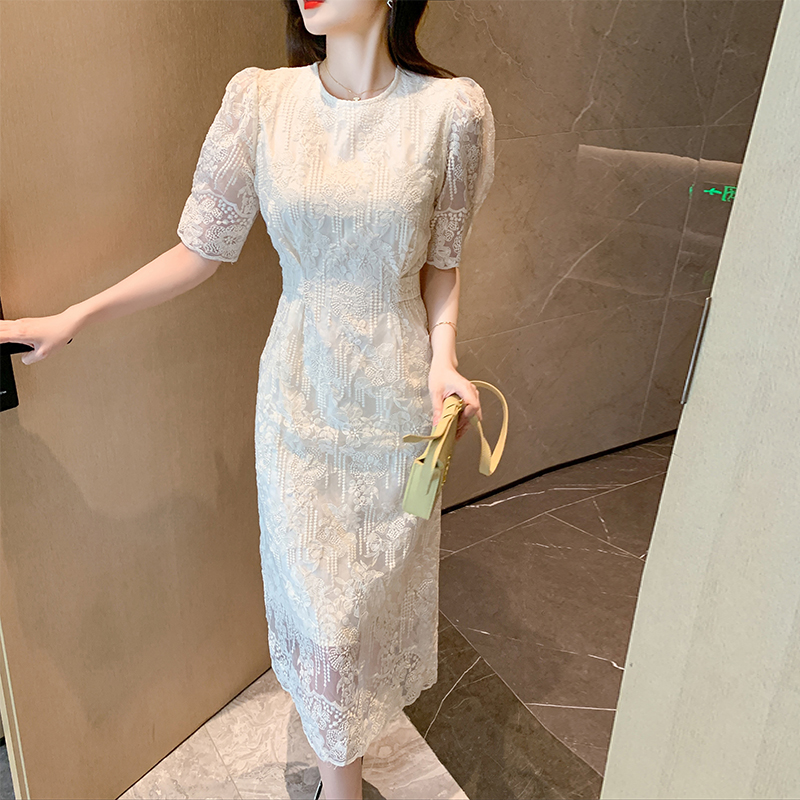 Lace France style puff sleeve dress for women
