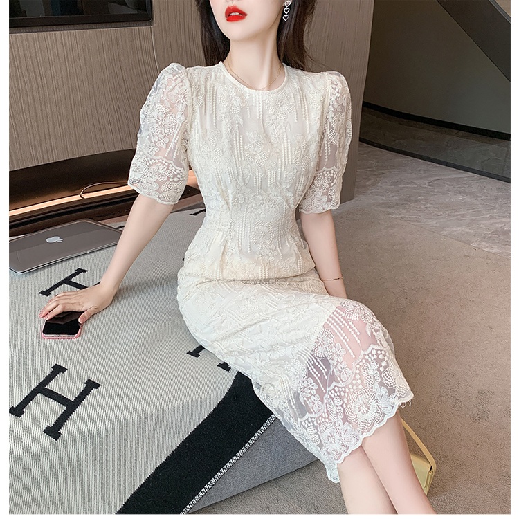 Lace France style puff sleeve dress for women