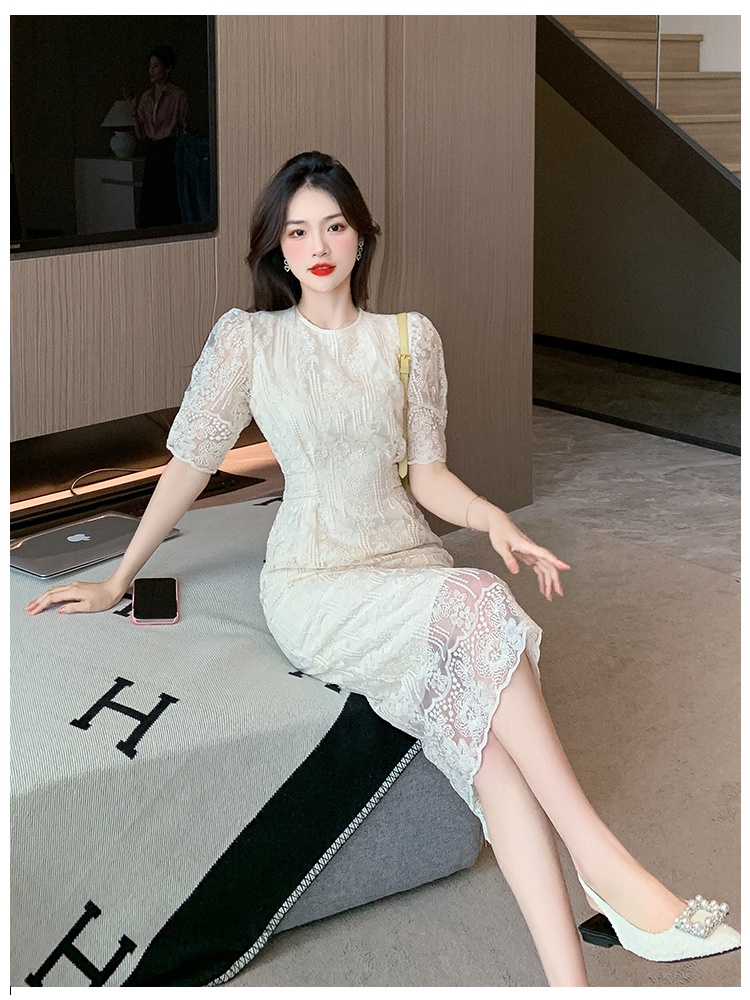 Lace France style puff sleeve dress for women