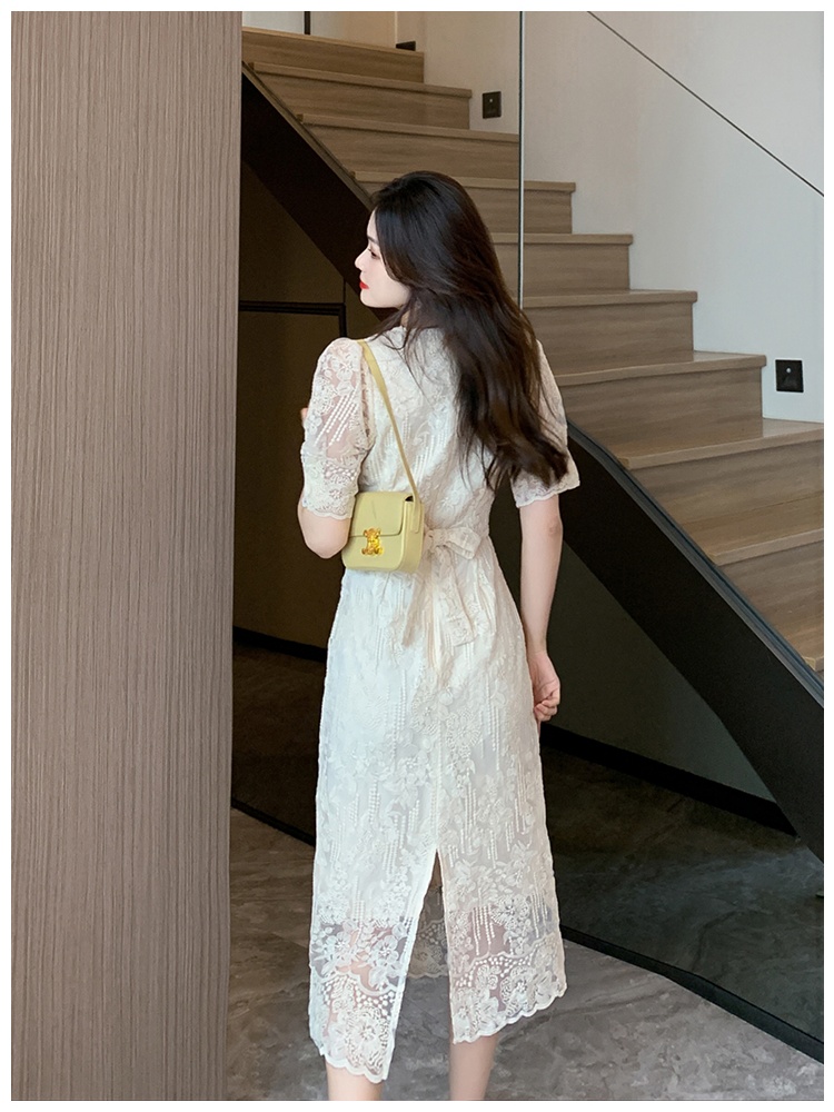 Lace France style puff sleeve dress for women