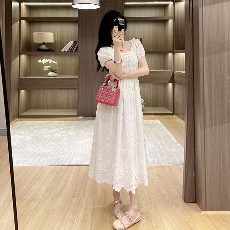 Jacquard France style drawstring summer white elegant dress