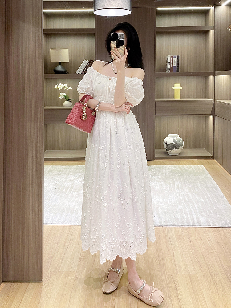 Jacquard France style drawstring summer white elegant dress