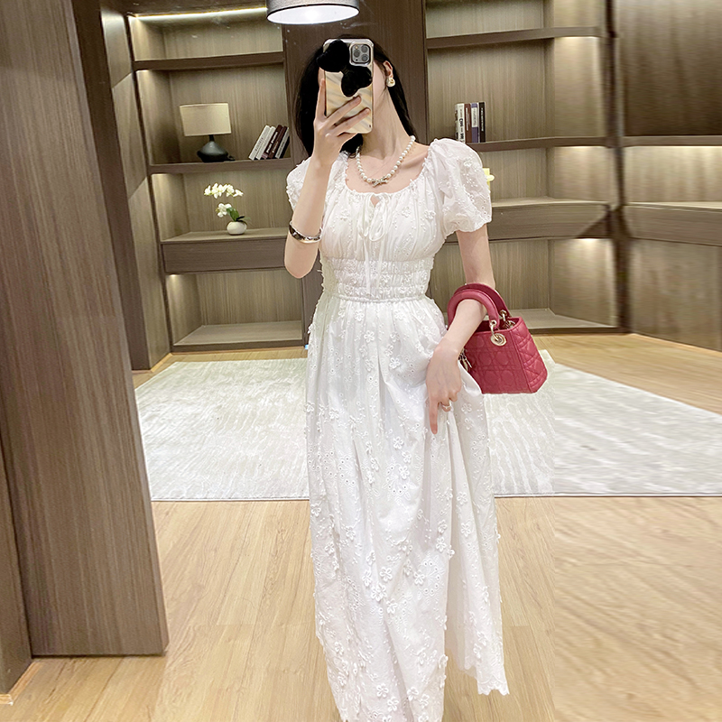 Jacquard France style drawstring summer white elegant dress
