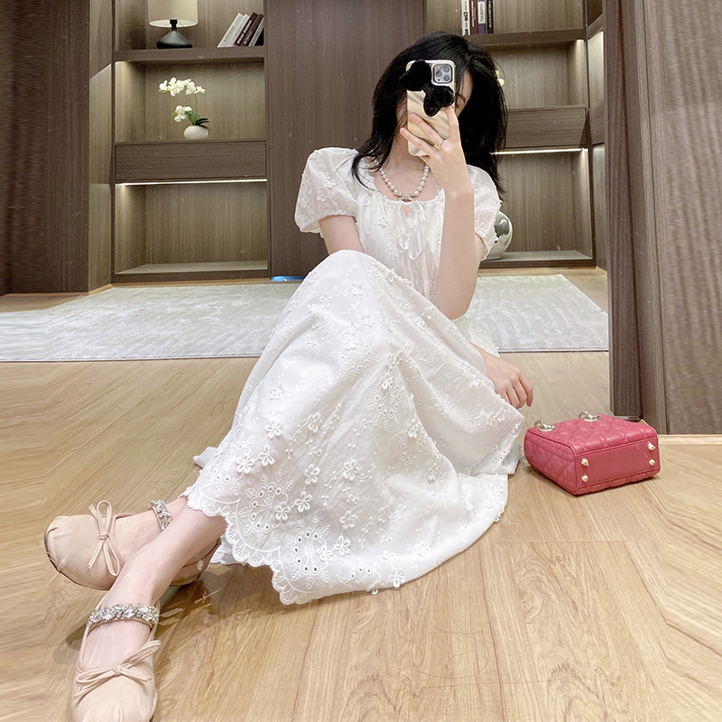 Jacquard France style drawstring summer white elegant dress