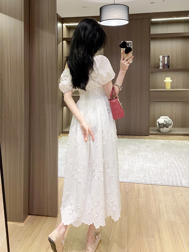 Jacquard France style drawstring summer white elegant dress