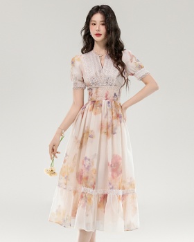 Floral vacation dress V-neck France style long dress