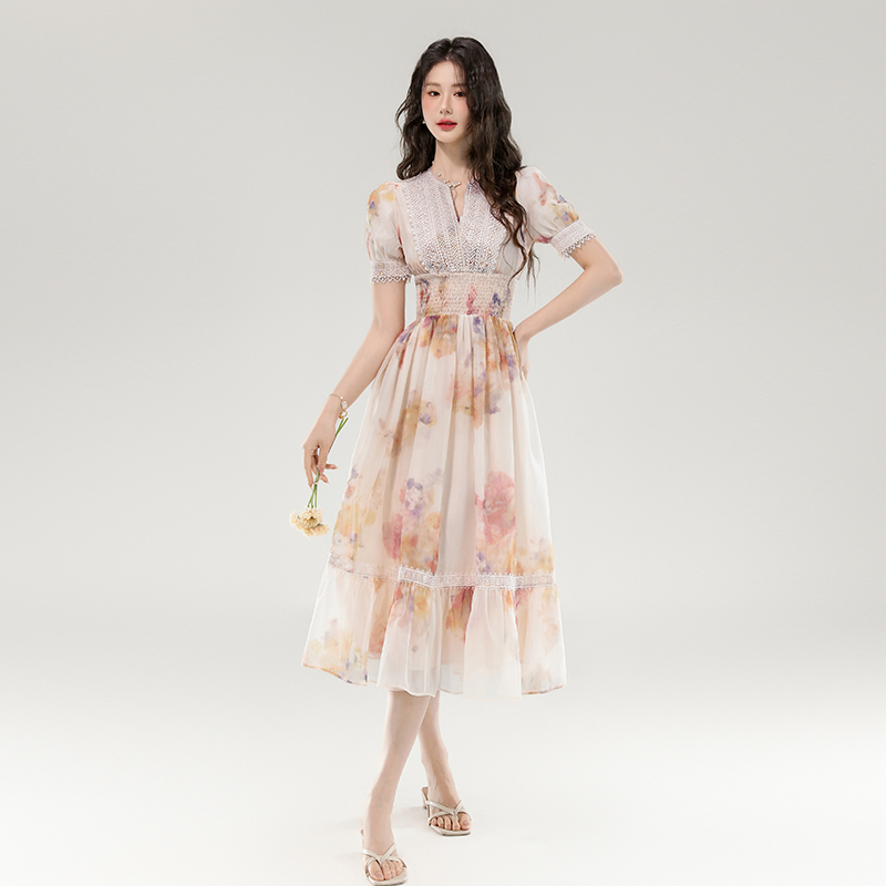 Floral vacation dress V-neck France style long dress