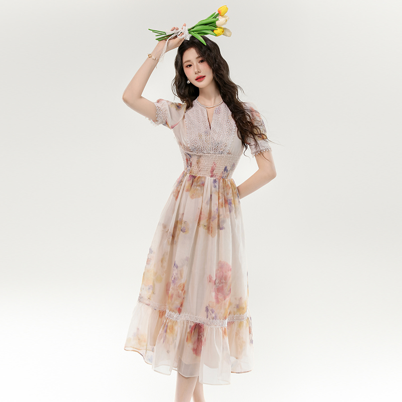 Floral vacation dress V-neck France style long dress