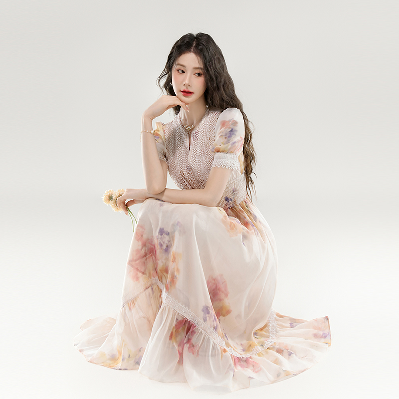 Floral vacation dress V-neck France style long dress