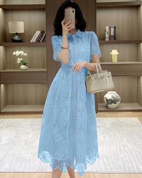 Lace pinched waist formal dress single-breasted dress