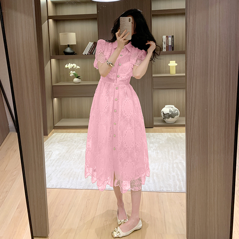 Lace pinched waist formal dress single-breasted dress