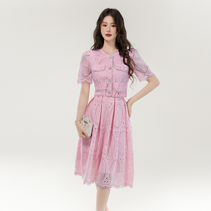 Chanelstyle light luxury lace skirt 2pcs set