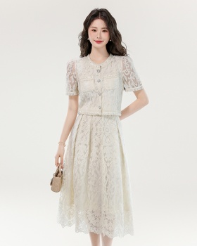 Embroidery short sleeve shirt high waist dress 2pcs set