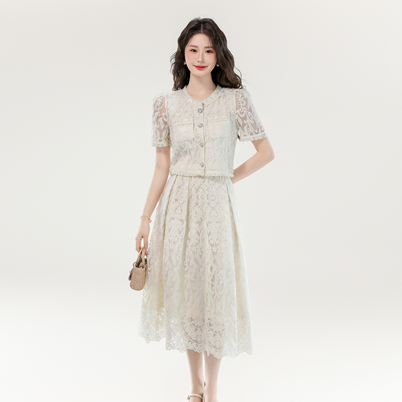 Embroidery short sleeve shirt high waist dress 2pcs set