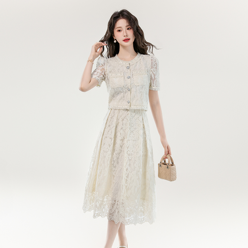 Embroidery short sleeve shirt high waist dress 2pcs set