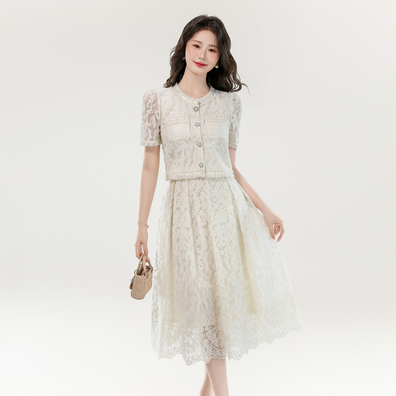 Embroidery short sleeve shirt high waist dress 2pcs set