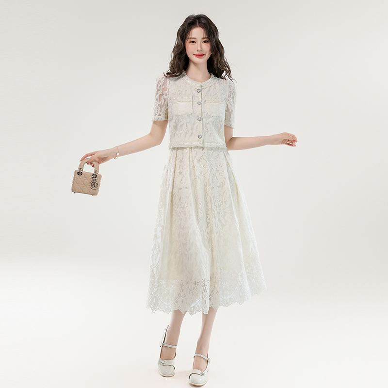 Embroidery short sleeve shirt high waist dress 2pcs set