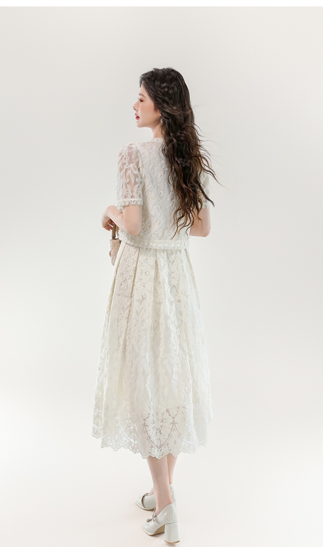 Embroidery short sleeve shirt high waist dress 2pcs set